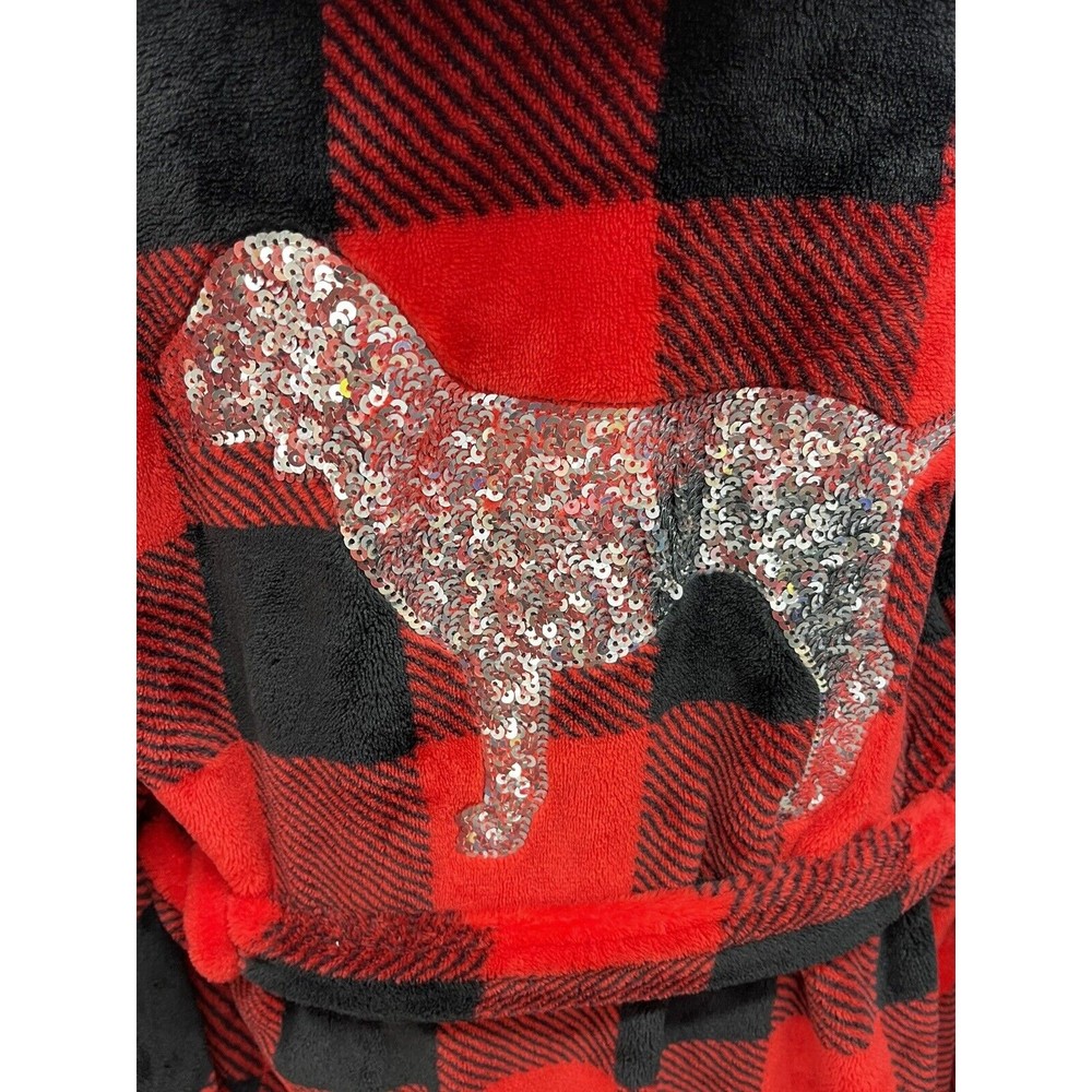 Victoria's Secret Pink Robe Bling Sequin Dog Plush Fleece Plaid Hood Size XS/S - Picture 3 of 8